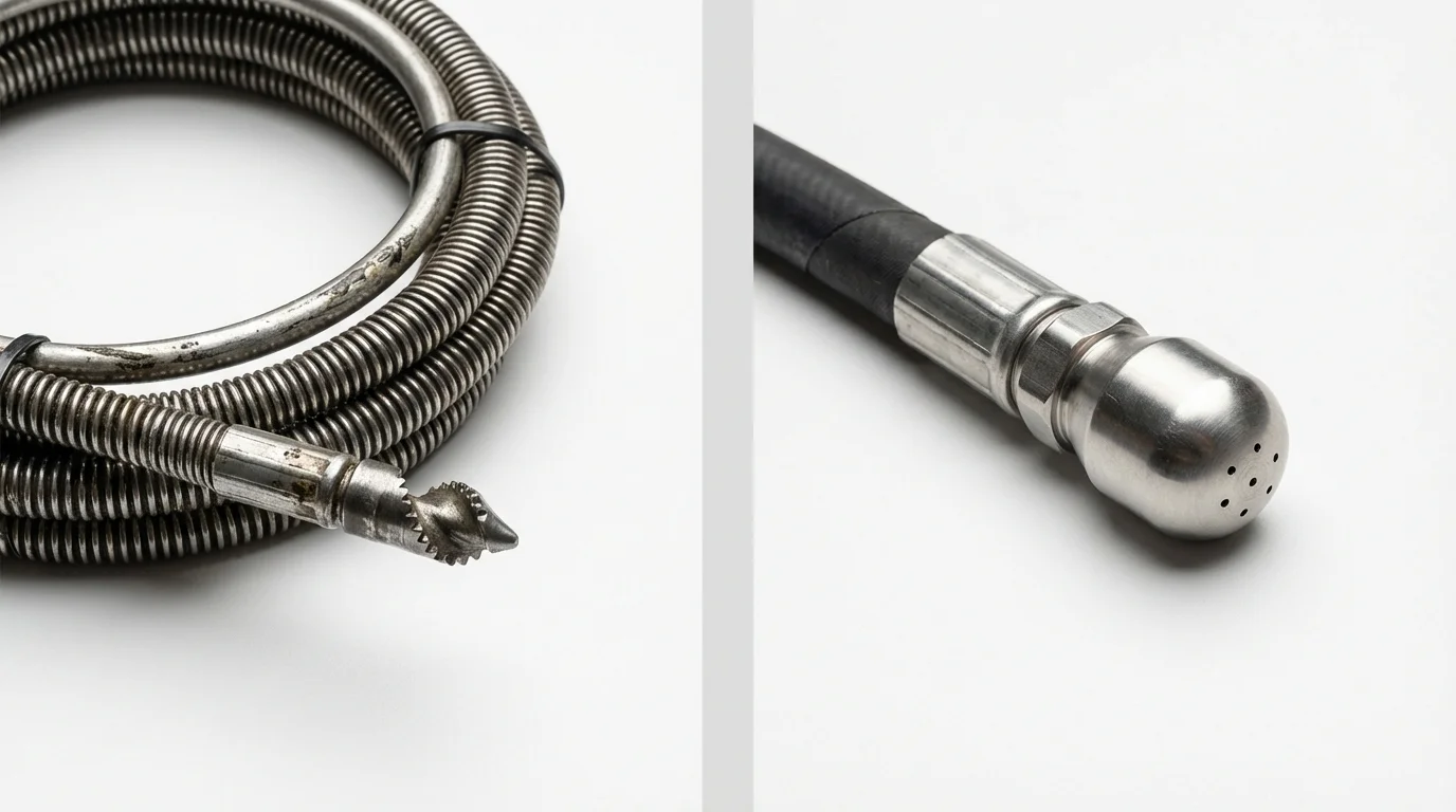 Drain snake cable and hydro jetting nozzle used for drain cleaning in Sanger, TX