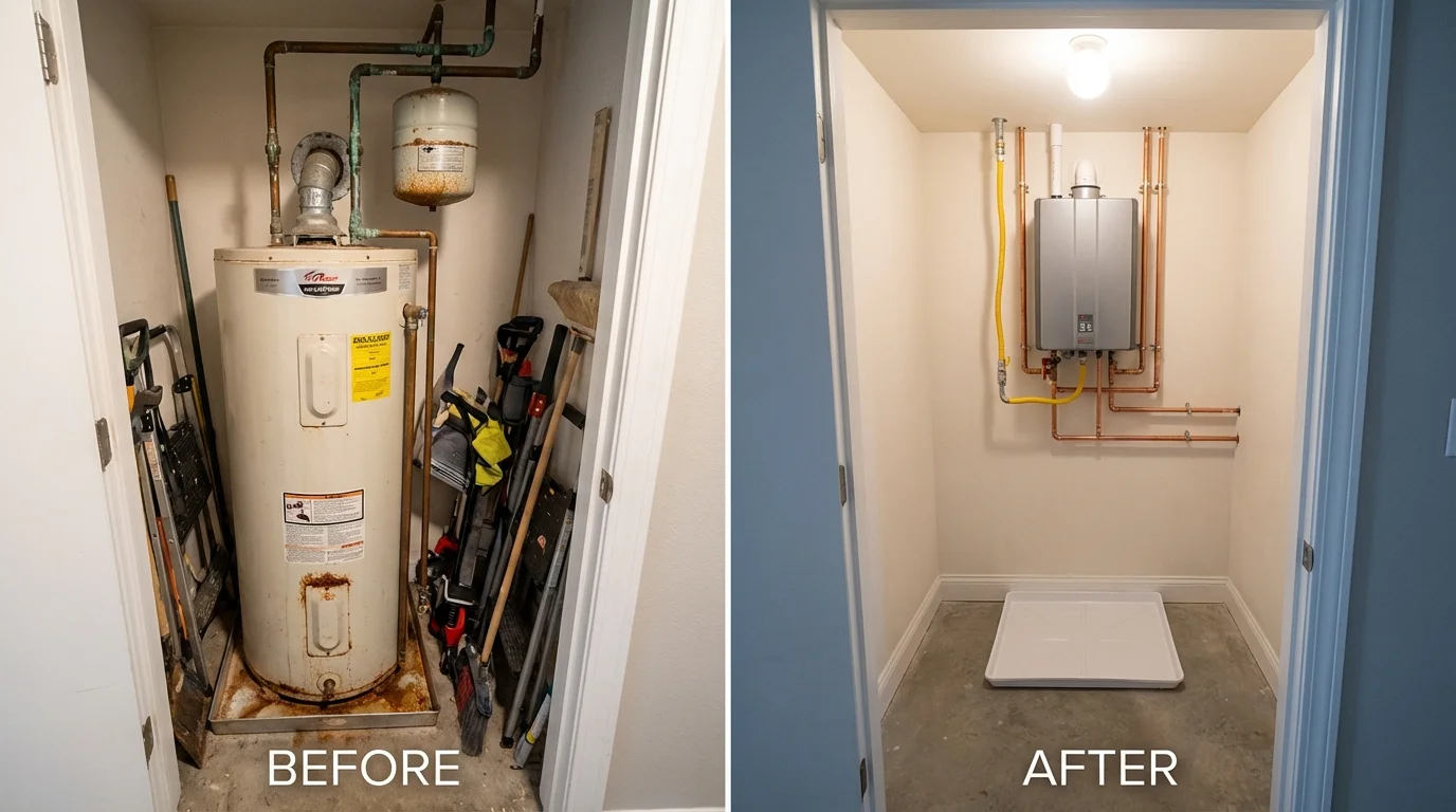 Tank water heater versus wall-mounted tankless unit comparison for Sanger, TX homeowners