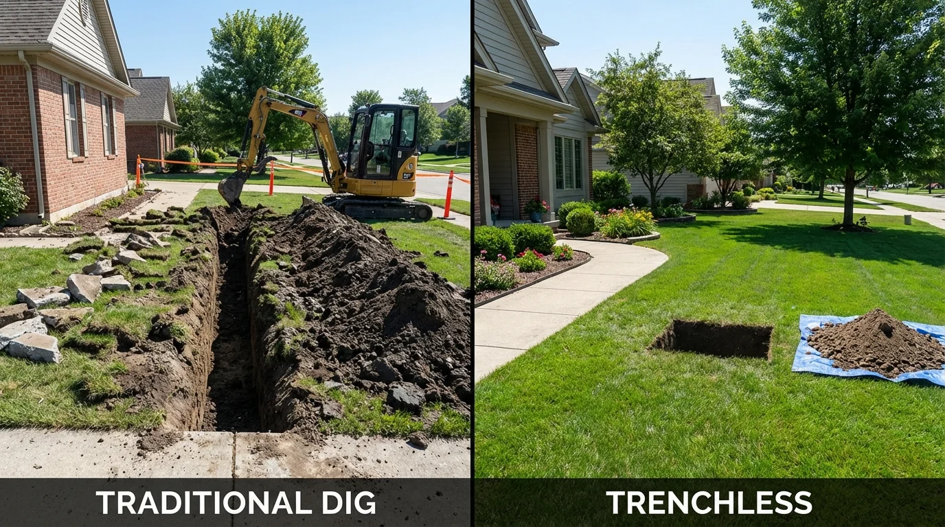 Trenchless sewer repair with minimal yard damage versus traditional excavation in Sanger, TX